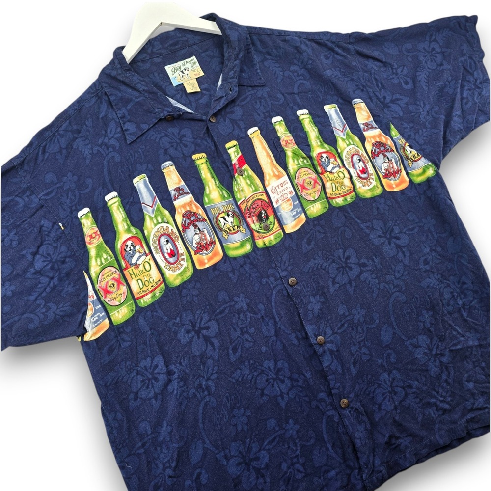 Big Dogs Mens 3X Navy Blue Rayon Beer Bottle Graphic Floral Button Front Shirt